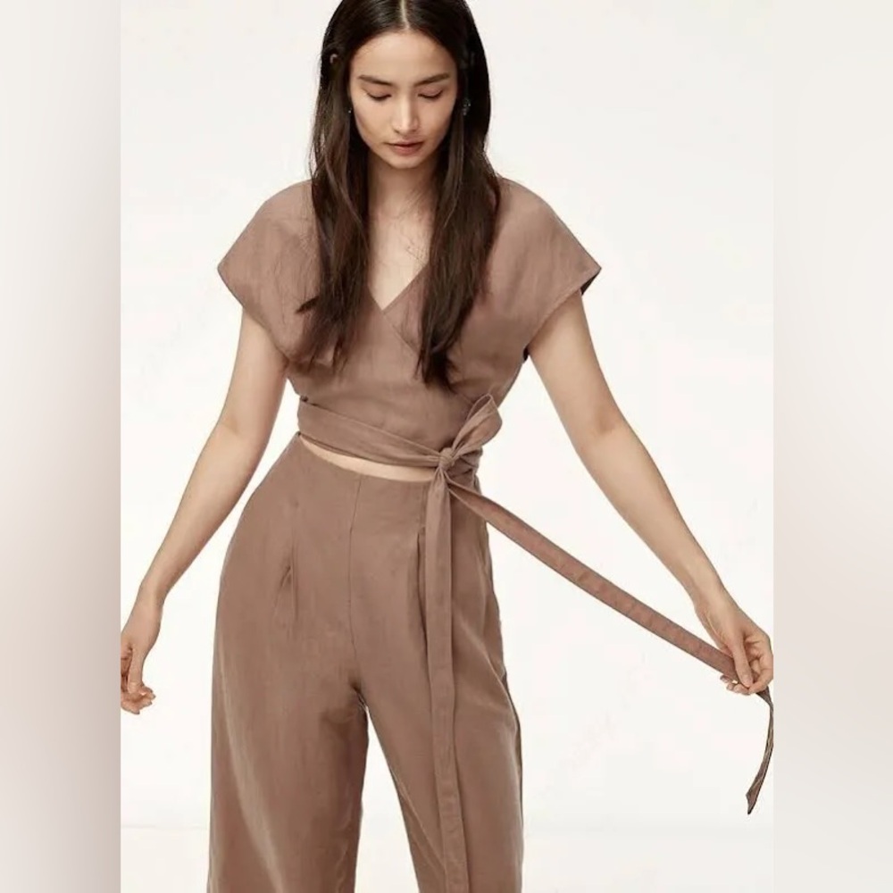 Aritzia Wilfred Brax Linen Blend Jumpsuit Size 2 Nutmeg Cut Out Wide Leg